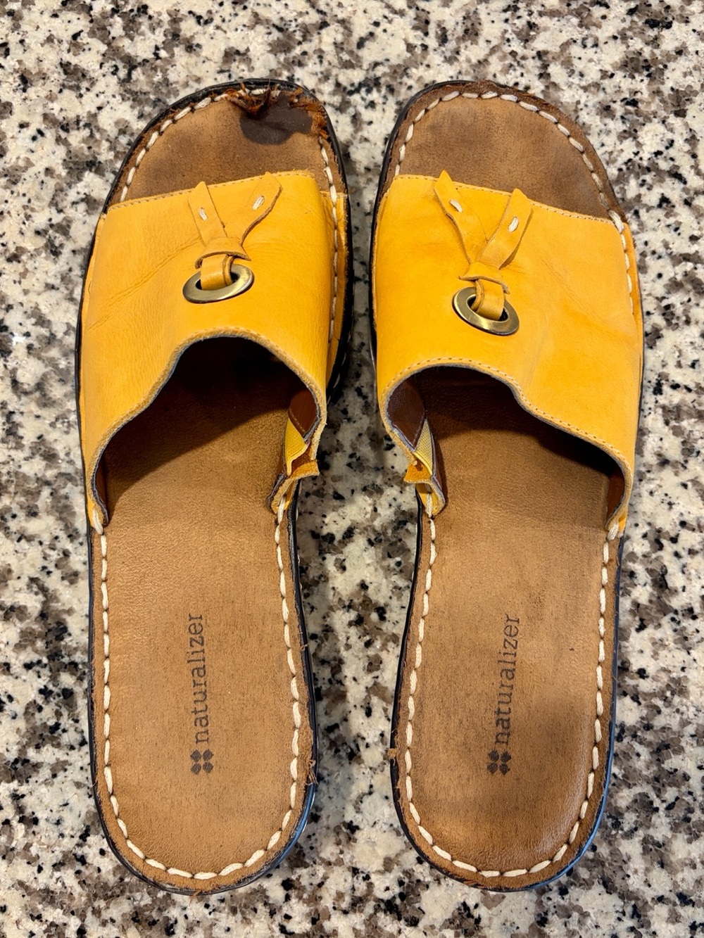 Naturalizer Bright Yellow Leather Slide Sandals with Metal Ring